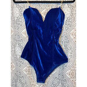 Blue Velvet Bunny Corset Bodysuit With Lace-Up Back